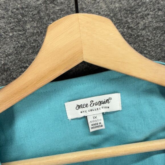 Once & Again Jacket Women 1X Plus Blue Linen Open Front Long Sleeve Pockets - Picture 3 of 7